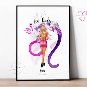 Personalizado Leo Zodiac Retrato Impresión / Signo de Estrella, Zodíaco, Leo, Ilustrado, Mejor Regalo de Amigo, Mejor Amigo, León, Astrología, Reina