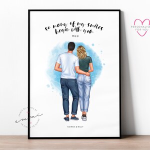 Impresión de retrato personalizada de pareja personalizada, regalo de novio, regalo de novia, ilustrado, cumpleaños, aniversario, compromiso, amor