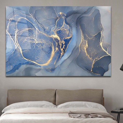 Abstract Shades of Blue Triptych Tempered Glass Printing Wall Etsy