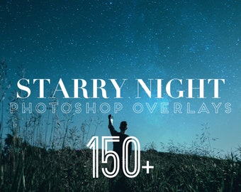 Photoshop Overlays, Starry Night Photo Overlays Package, Stars Moon Sky PS Texture Background Effect PNG JPG Psd Bundle Layer Photo Editing