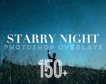 Photoshop Overlays, Starry Night Photo Overlays Package, Stars Moon Sky PS Texture Background Effect PNG JPG Psd Bundle Layer Photo Editing