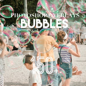 May include: A group of children playing with colorful soap bubbles outdoors. The image includes the text "PHOTOSHOP OVERLAYS BUBBLES 150+ "