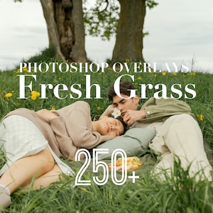 May include: A couple laying in a field of green grass with yellow flowers. The text "Photoshop Overlays Fresh Grass 250+ " is in the image.