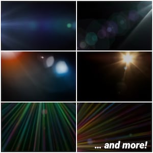 May include: A collection of lens flare effects in various colors and shapes, including a blue and white horizontal streak, a sunburst, and a set of colorful lines radiating outward.  ... and more!