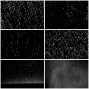 May include: Six different black and white images of rain falling from the sky. The rain is shown in different patterns and densities.