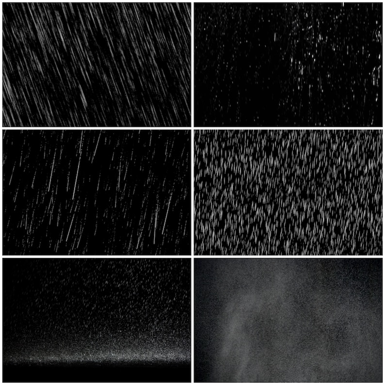 May include: Six different black and white images of rain falling from the sky. The rain is shown in different patterns and densities.
