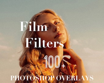 May include: A woman with long blonde hair wearing a patterned shirt looks up at the sky. The text "Film Filters 100+ Photoshop Overlays" is superimposed on the image.