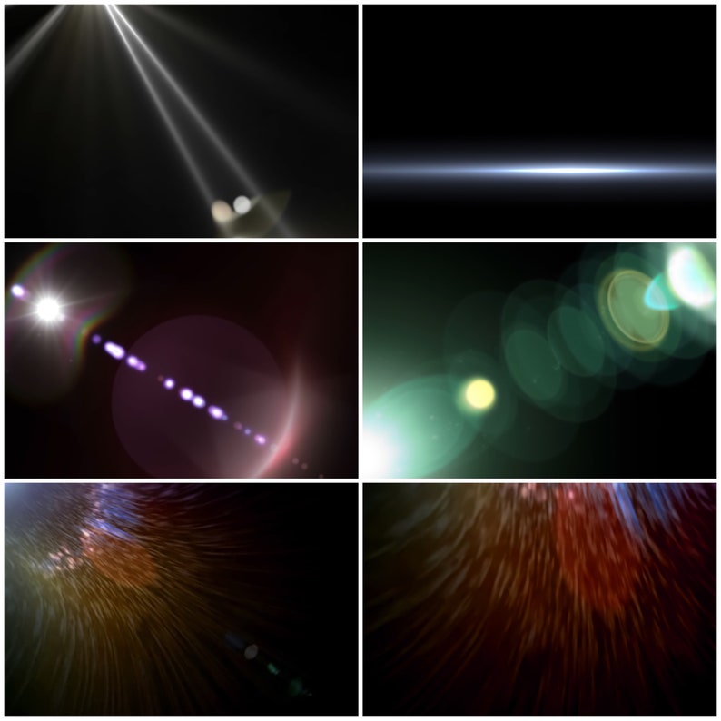 May include: A collection of eight different lens flare effects, each with a unique color and shape. The flares are all on a black background.