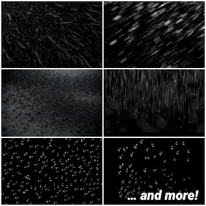 May include: A collection of six black and white images showing different types of rain and snow effects. The images show falling snow, rain, and water droplets.