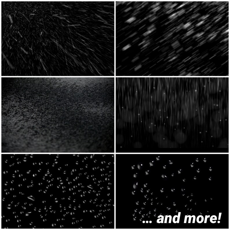 May include: A collection of six black and white images showing different types of rain and snow effects. The images show falling snow, rain, and water droplets.