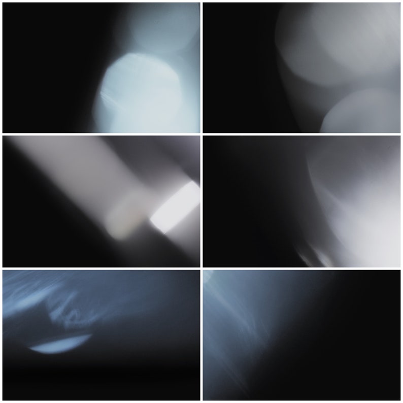 May include: A collection of six abstract images featuring various light effects and lens flares. The images are in shades of gray and white on a black background.