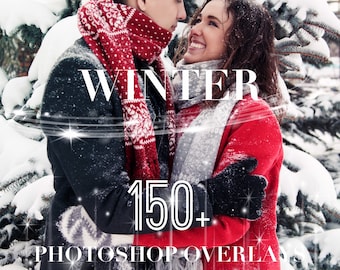 Superposiciones de Photoshop de invierno, Paquete de superposiciones de fotos de Navidad Pareja de nieve PS Efecto de fondo PNG JPG Psd Textura Paquete Capa Edición de fotos