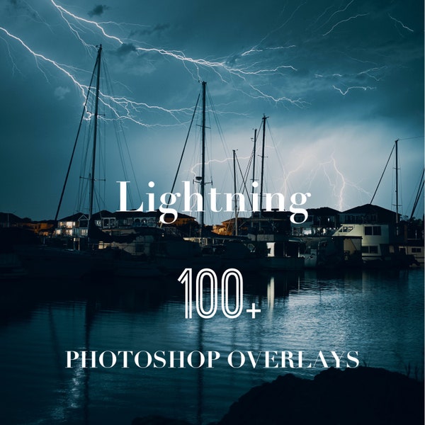 Lightning Photoshop Overlays, Photo Overlays Package, Night Sky Nature PS Texture Background Effect PNG JPG Psd Bundle Creative Realistic