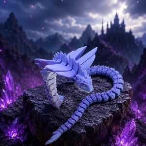 May include: A light purple articulated dragon figurine with a segmented body, wings, and a long tail. The creature features a textured, scaled surface and is positioned on a dark, jagged rock formation surrounded by glowing purple crystals.