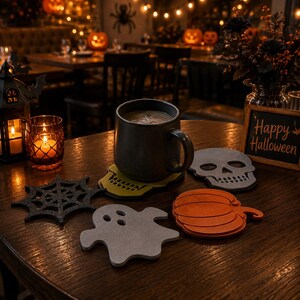 May include: A set of Halloween-themed coasters featuring a black spiderweb, a white ghost, an orange pumpkin, and two skull designs in gray and yellow. A dark gray ceramic mug sits on the yellow skull coaster, with a small sign reading Happy Halloween.