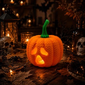 May include: A bright orange pumpkin-shaped lantern with a textured, knit-like surface and a vibrant green stem. The pumpkin features a carved, ghost-like face with hollow eyes and a mouth, illuminated from within by a small, warm-glowing candle.