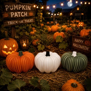 May include: Three decorative accordion-style pumpkins in orange, white, and dark green, each featuring a solid-coloured stem. These pumpkins are displayed in a pumpkin patch setting with a wooden sign reading PUMPKIN PATCH TRICK OR TREAT.