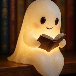 May include: A glowing, translucent white ghost figurine with a smooth, glittery texture, round black eyes, and rosy cheeks. The ghost is sitting and holding a small, open brown book, emitting a warm, soft light from within its rounded body.