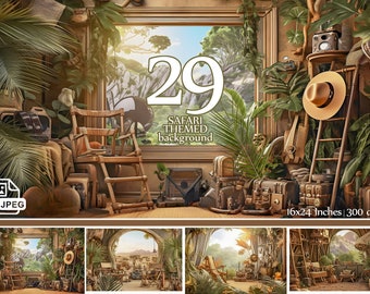 29 Safari-themed background, safari props, indiana jones, earthy tones, adventure, High-Resolution, jungle backdrop, digital backdrop