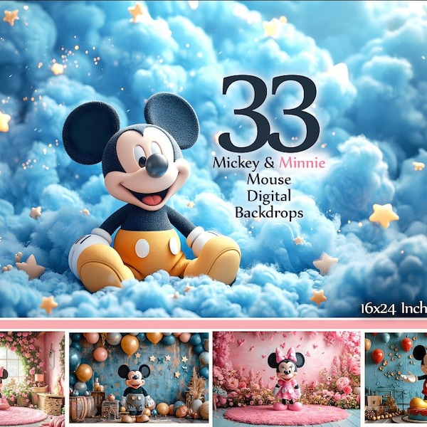 Mickey et Minnie Mouse 33 décors, arrière-plan numérique, superpositions de toile de fond pour Studio, arrière-plan numérique pour tout-petits, arrière-plans de photographie pour enfants