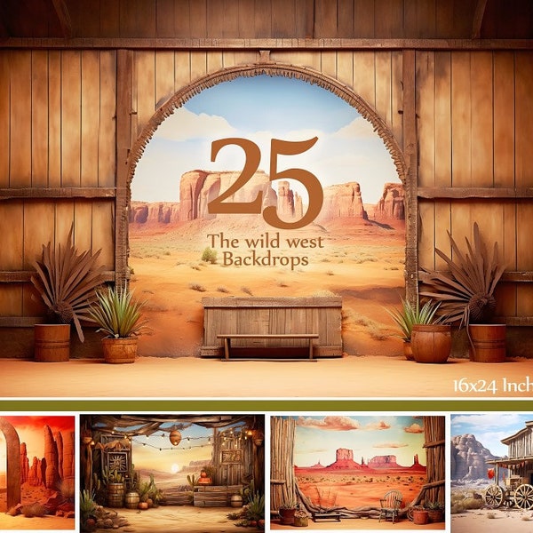 25 Wilder Westen Digitale Hintergründe, Ära der Cowboys und Saloons, Landschaften. Straßen, Wüste, historische Gebäude