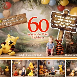 60 Winnie the Pooh Digital Backdrops | Kids Birthday & Cake Smash Photo Backgrounds | 16x24&quot; JPEG High Resolution