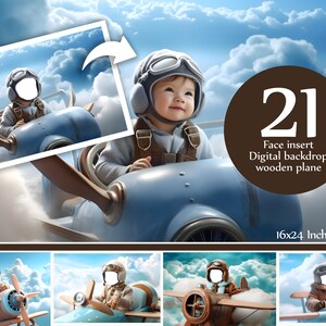 Face insert, Digital backdrop, wooden plane soaring through the sky Composite photography, face hole, add face, transparent face