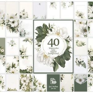 40 Sfondo acquerello floreale bianco verde, Pacchetto di inviti di nozze, Carta intestata, Sfondo di fiori di kala, Sfondo digitale