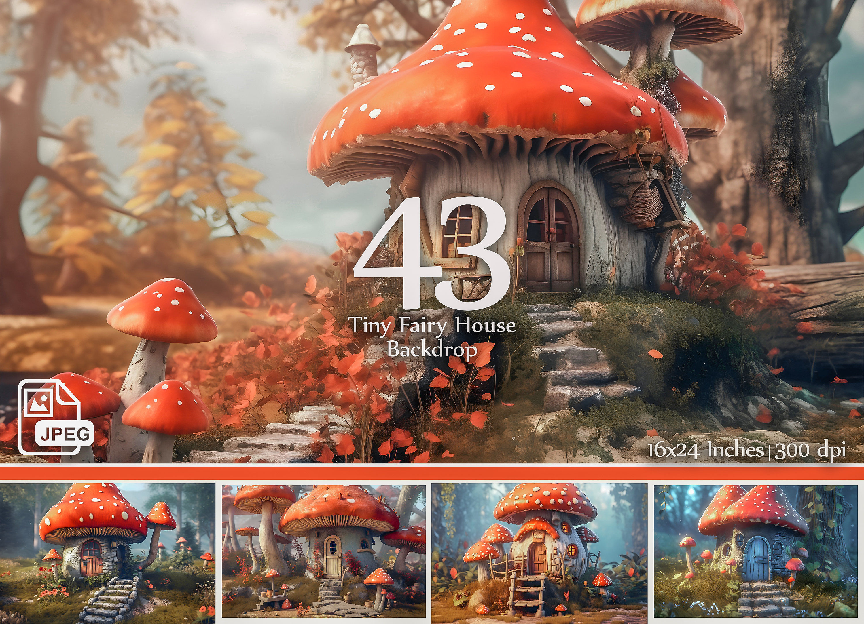 43 Tiny Fairy House Digital Backdrops Instant Download | Fantasy Mushroom Photography Backgrounds | Storybook Props