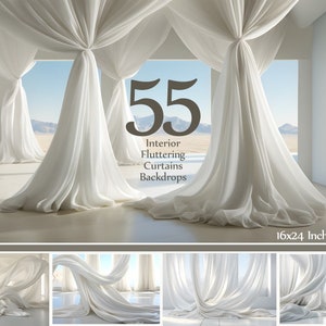 Interior Fluttering Curtains Photography Backdrops – 55 Elegant White Drapery Digital Backgrounds – 16×24&quot; 300 DPI