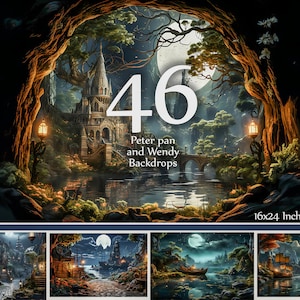46 Peter Pan Wunderland Backdrops, Piratenschiff, Peter Pan und Wendyy Kulissen, Lagune, funkelnder Sternenhimmel, magische Insel