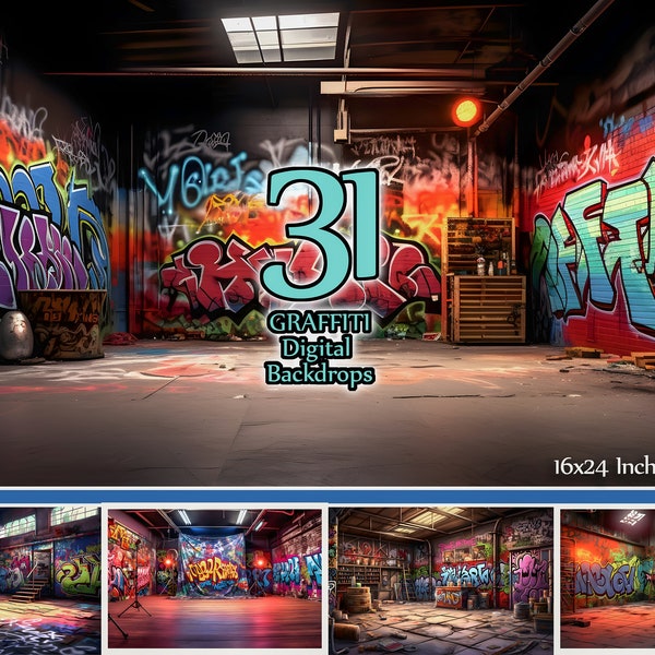 31 Graffiti walls portrait studio digital photography backgrounds, grunge backdrop,urban vibrancy, street art,  splash of color