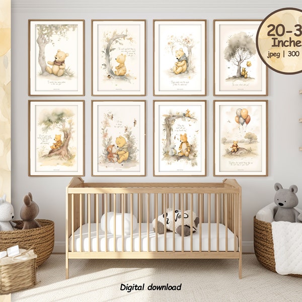 Winnie The Pooh, 8 DESCARGABLE Arte clásico de pared de guardería de Winnie The Pooh en acuarela intercalado con citas de Poe