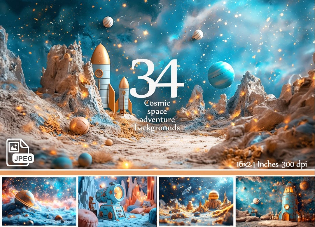 34 Space Adventure Cosmic Backgrounds, Galaxy, Spaceship, Planets