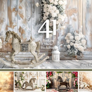 41 Rocking Horse Digital Backdrops | Vintage Baby & Nursery Photography Backgrounds | 16x24&quot; PNG High Resolution
