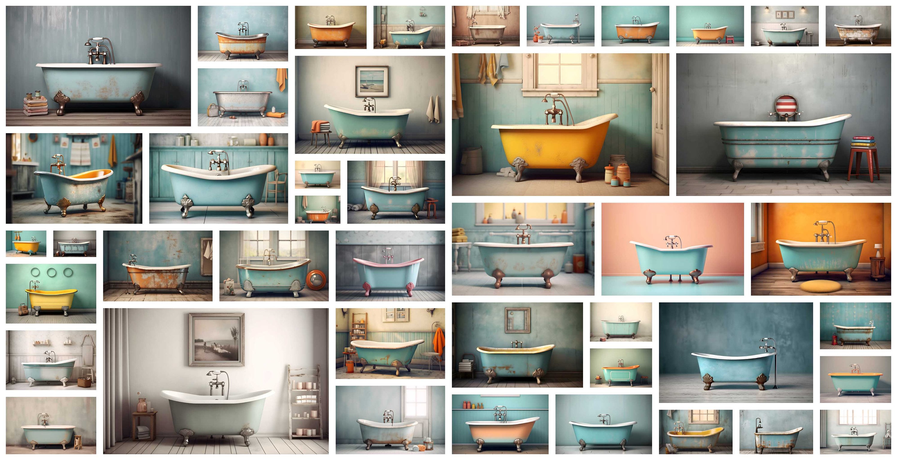 44 Vintage Metal Bathtub Digital Backdrops and Overlays for