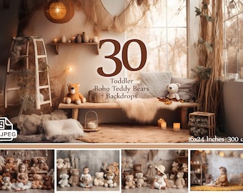 Boho Teddy Bear Photography Backdrops: Neutral Nursery Scenes (Digital Download, 24x16 Inches)