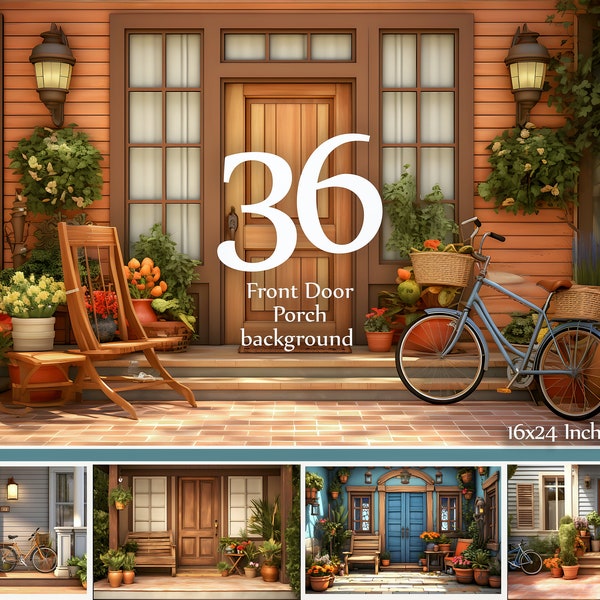 36 Front Door and Porch background, Front Porch Zoom/Teams Background Welcoming entrance, woodwork, potted plants, mailboxes, bicycle