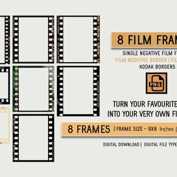 8 SINLGE FILM FRAMES | Negative Film Frames Kit, instant film, stories template instagram, film negative border, film strip, kodak borders