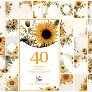 Pacchetto di 40 carte digitali floreali con fiori di sole, sfondo per carta intestata con fiori di sole, sfondo floreale ad acquerello, invito di nozze, carta intestata