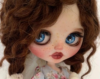 Custom Blythe Art Doll Lena, Brown Mohair Hair, OOAK Collectible