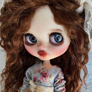 Custom Blythe Art Doll Lena, Brown Mohair Hair, OOAK Collectible