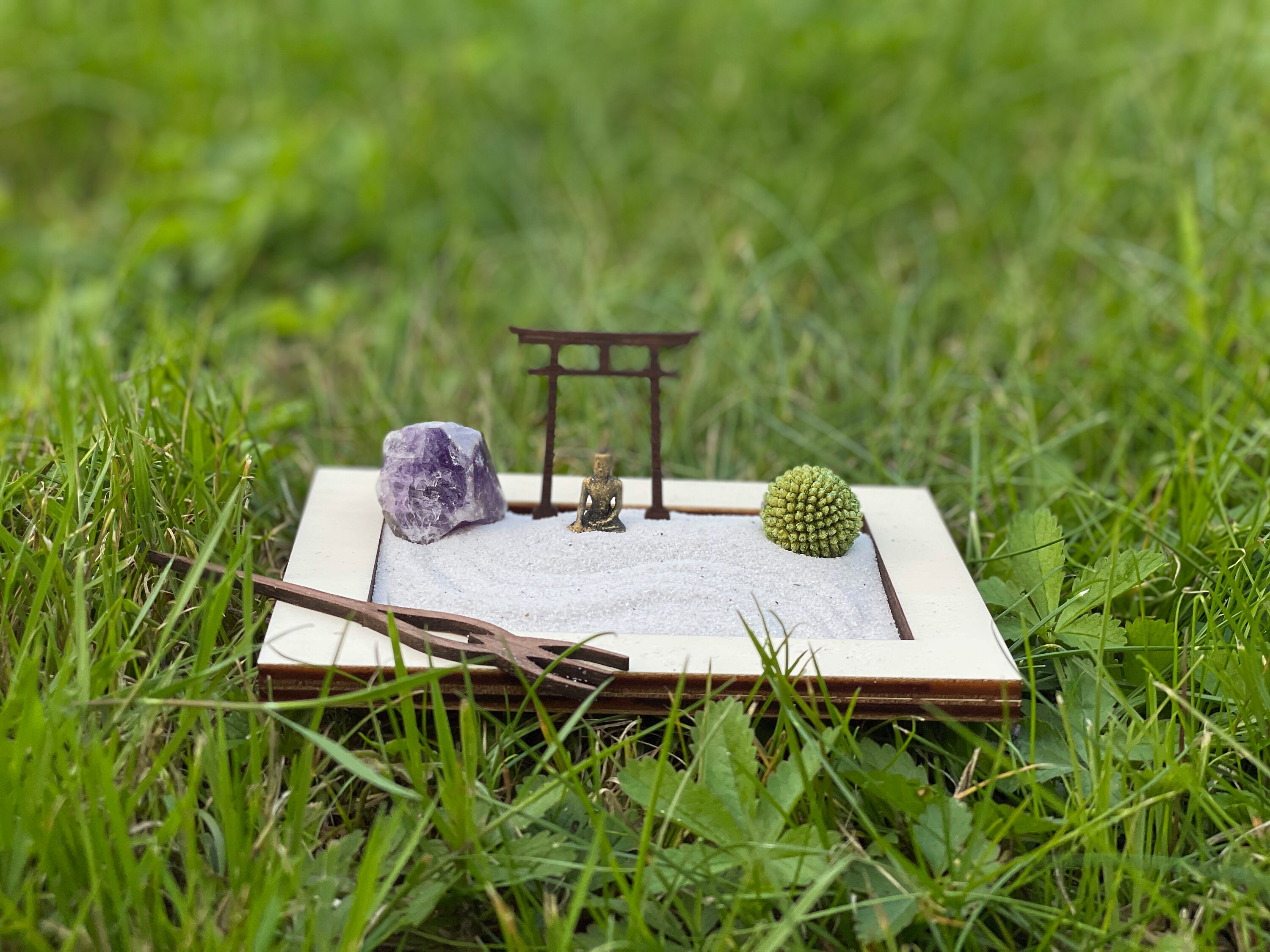 Miniature Zen Garden Made of Light Wood With Buddha, Torii