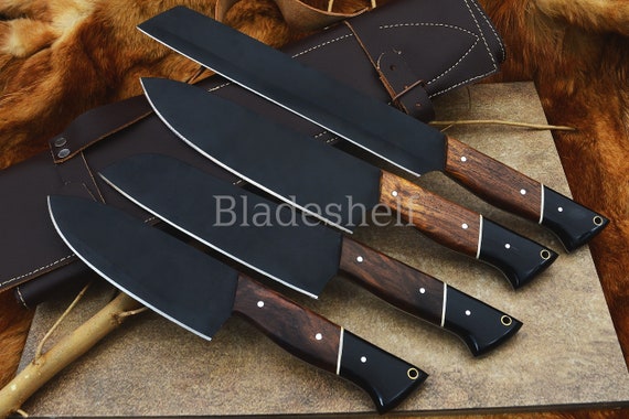 Carbon Steel Chef Knife Set With Rolling Leather Bag Gray