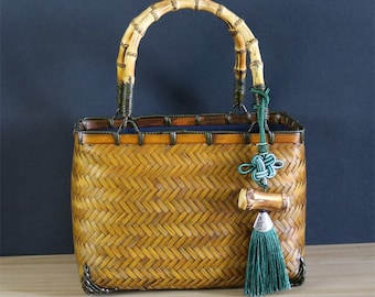 Pure Handmade Bamboo Bag, Bamboo Woven Handbag, With Hanging Pieces, Unique Handbag
