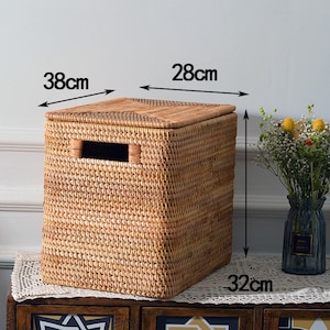 Various Sizes Square Rattan Storage Basket With Lid,Clothes Storage Basket,Wicker Baskets,Housewarming Gift,Handmade Table,Storage box 14.96x11.02x12.6''