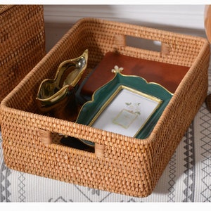 Various Sizes Square Rattan Storage Basket With Lid,Clothes Storage Basket,Wicker Baskets,Housewarming Gift,Handmade Table,Storage box image 2