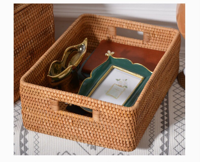 Various Sizes Square Rattan Storage Basket With Lid,Clothes Storage Basket,Wicker Baskets,Housewarming Gift,Handmade Table,Storage box image 2