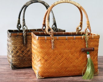 Natural Pure Handmade Bamboo Bag, Bamboo Woven Handbag, With Hanging Pieces, Unique Handbag