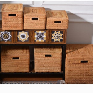 Various Sizes Square Rattan Storage Basket With Lid,Clothes Storage Basket,Wicker Baskets,Housewarming Gift,Handmade Table,Storage box image 1